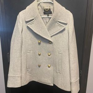 J. Crew stadium cloth pea coat, size 14, gray with gold buttons